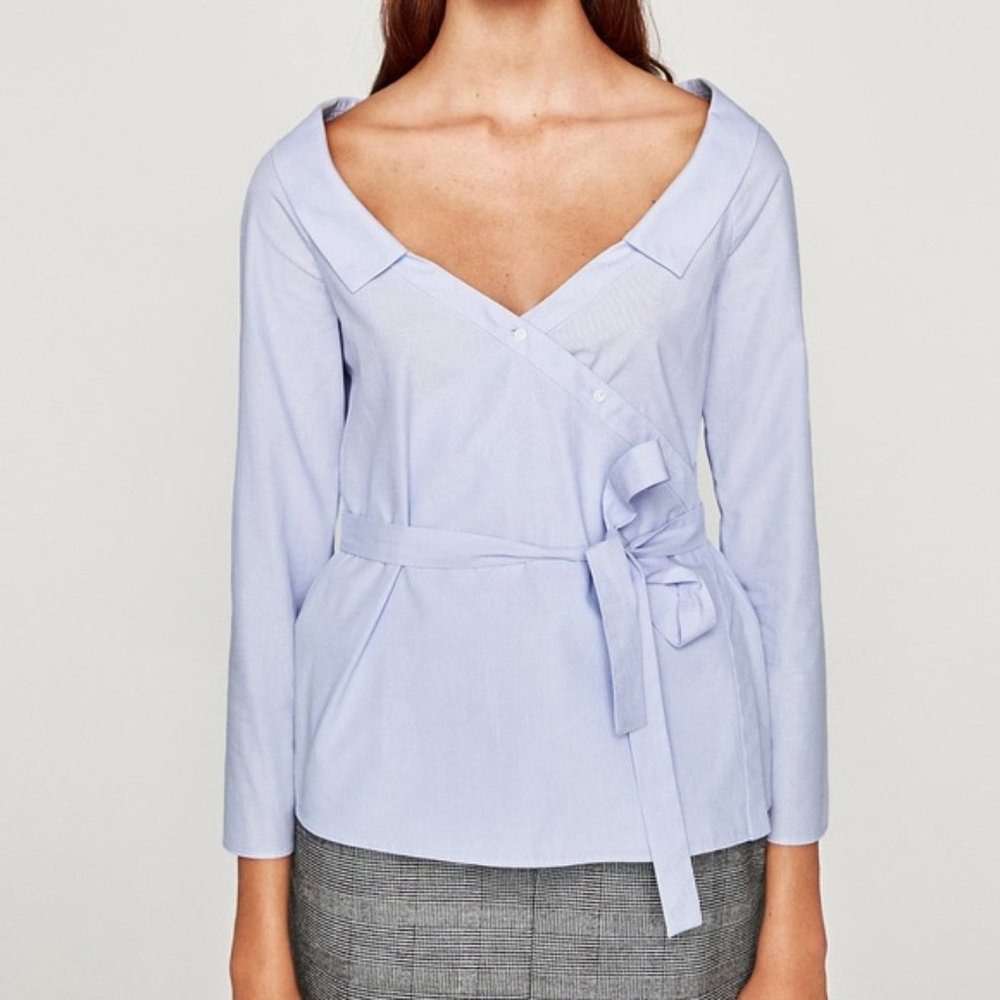 Zara Blue Wrap Blouse Off Shoulder Tie Waist Top Long Sleeve XS